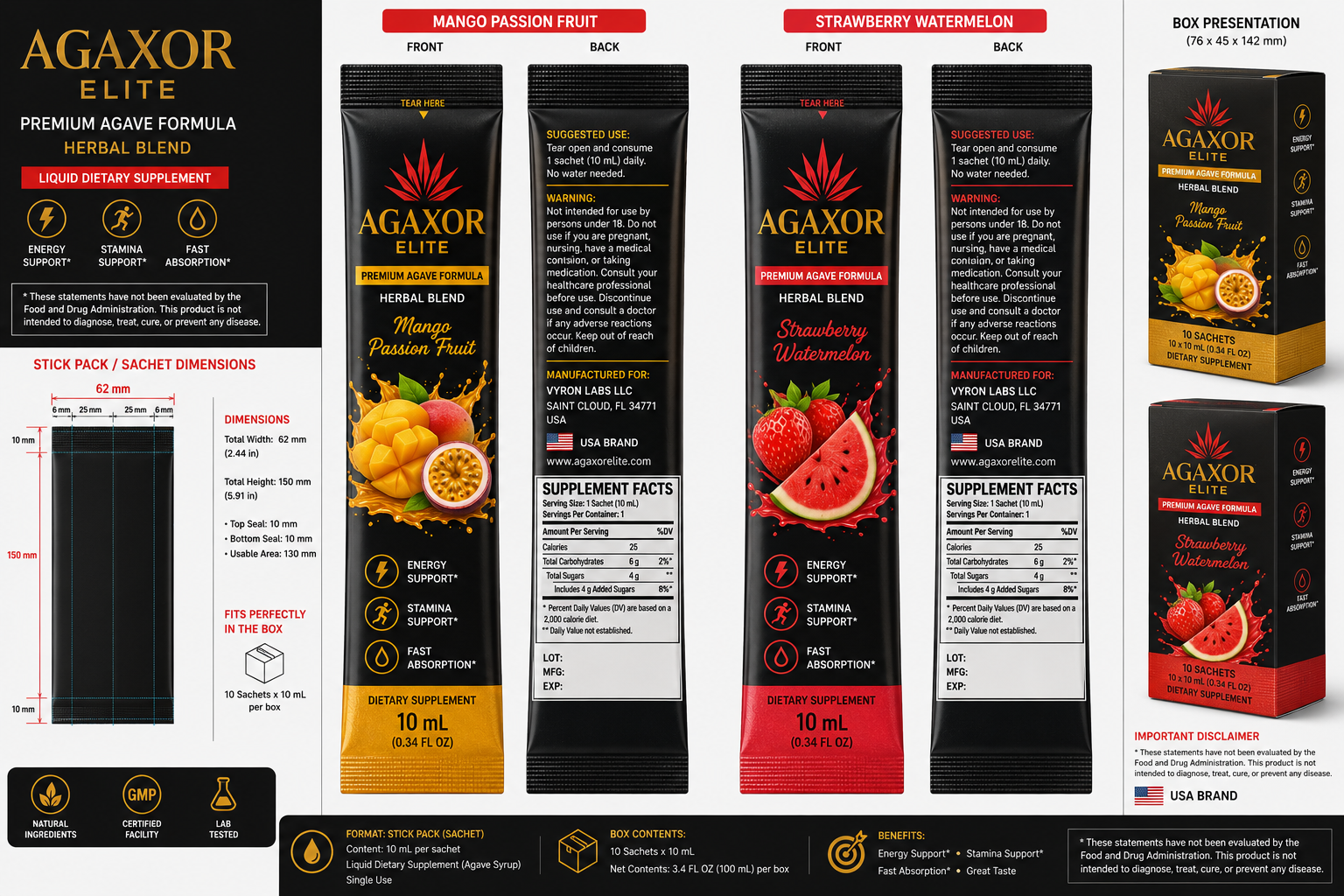 AGAXOR ELITE Mango Passion Fruit and Strawberry Watermelon product presentation